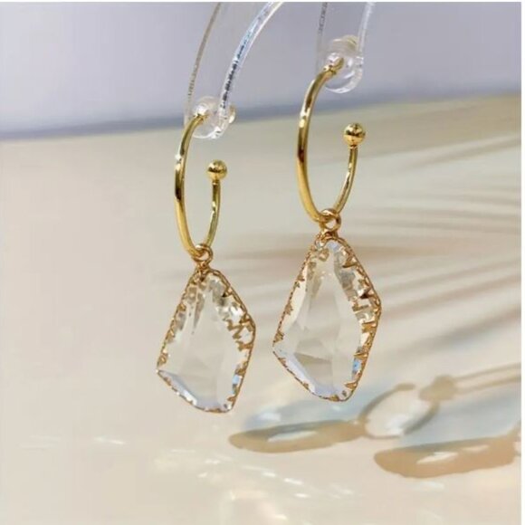 NEW Esthar 18K Gold Plated Clear Crystal Drop Hoop Earrings - Picture 1 of 5